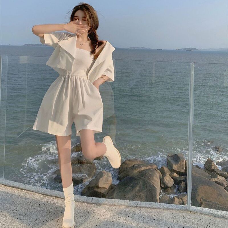 Summer Women's Thin Blazer 2026 New Style Casual Elegant Short-Sleeve Suit Jumpsuit Two-Piece Set for Petite Women
