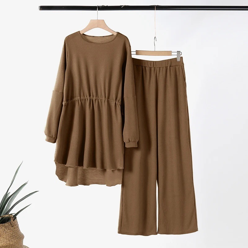 Women's 2 Piece Set Textured Solid Color Drawstring Casual Wear Top With Fashionable Elastic Waist For Autumn Holiday_voghion.com