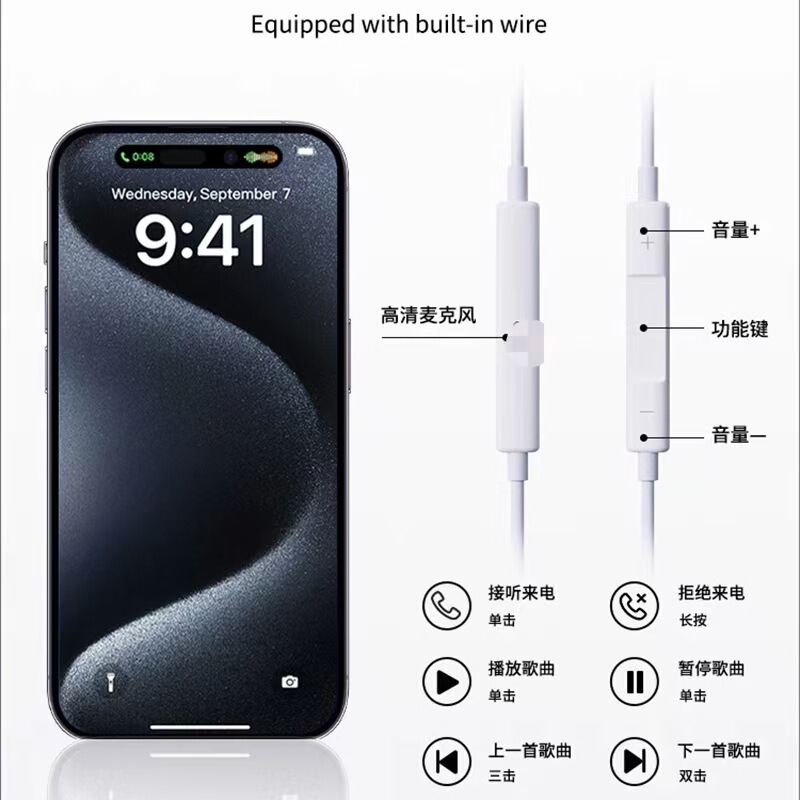 跨境爆款有线耳机线控带麦通话听歌数字解码适用iPhone苹果14入耳|undefined