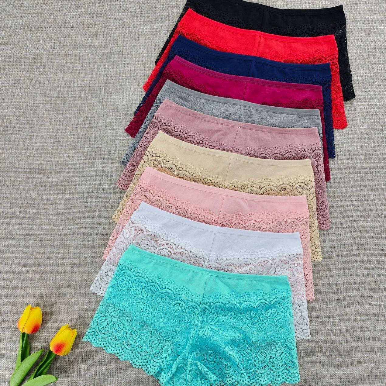 Verano sexy encaje damas cintura P sin marcas transpirables anti-drift encaje ángulo plano pantalones íntimas de seguridad al por mayor transfronterizas