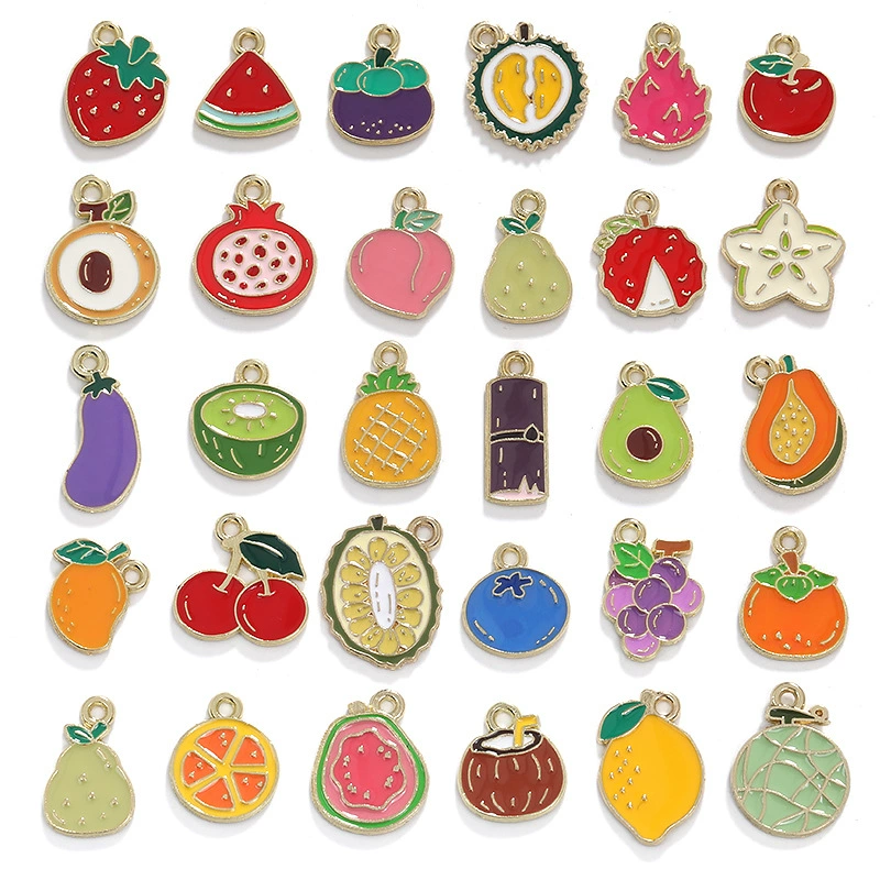 Сплавные аксессуары для рукоделия: подвески-шармы из KC-золота с эффектом капельного покрытия, 32 стиля, в форме овощей и фруктов (груша, вишня, персик)