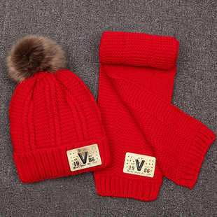 Winter new children's hat creative Big V fur ball plus velvet warm wool hat scarf two-piece set Wholesale