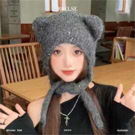亮片小熊帽子女毛绒保暖2025新款可爱防寒护耳帽深灰色毛线针织帽