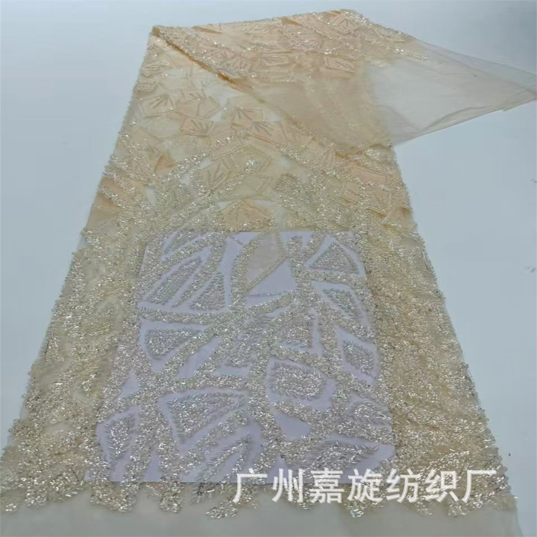 Geometría irregular tubo largo pequeño lenteja tela de encaje cuentas de clavado tela bordada vestido de boda cheongsam tela de moda