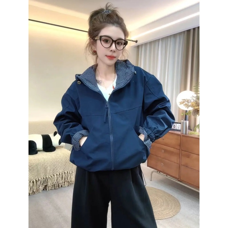 格子拼接连帽冲锋衣短外套女2025秋季韩系设计感休闲百搭夹克上衣|undefined