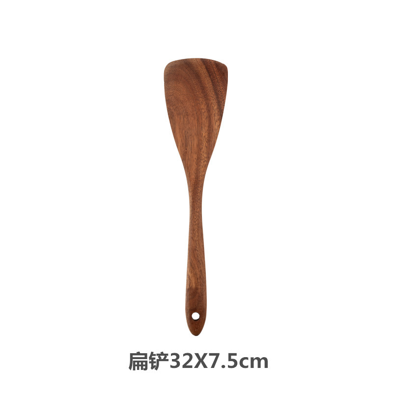 Juego de cocina de teca, cuchara de pala de madera maciza, tenedor, sartén antiadherente, utensilios de cocina de madera de acacia, espátula de mango largo, juego de cocina de 9 piezas