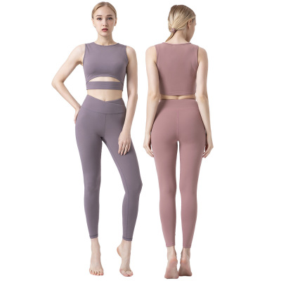 Cross border lady yoga motion suit High elastic Brushed vest Paige overlapping Tight fitting trousers Two