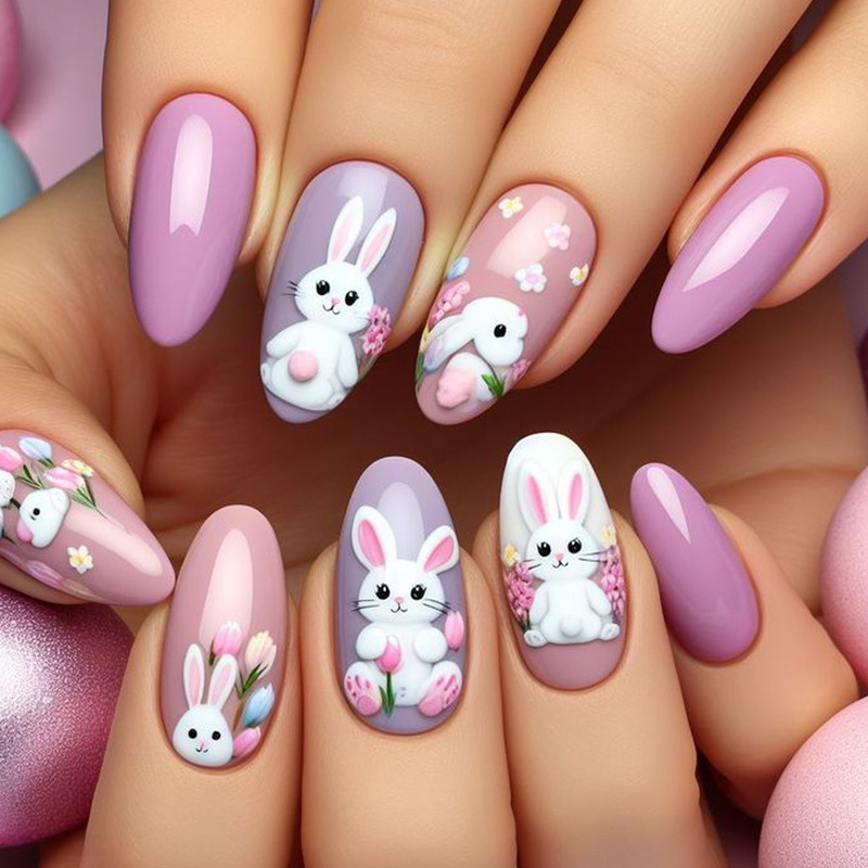 Medium-Length Almond-Shaped Nail Tips with Easter Cartoon Cute Rabbit and Flower Designs, 24 Pieces Medium-Length Almond-Shaped Nail Tips with Easter Cartoon Cute Rabbit and Flower Designs, 24 Pieces