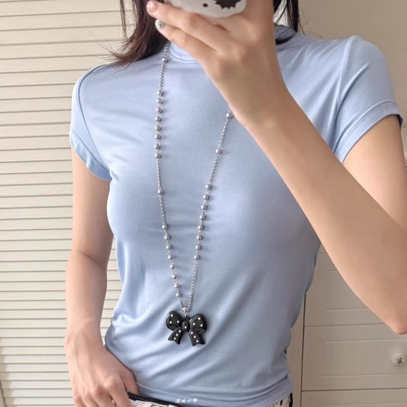 韩系黑色波点蝴蝶结项链女ins风小众设计感简约百搭长款毛衣链配|undefined
