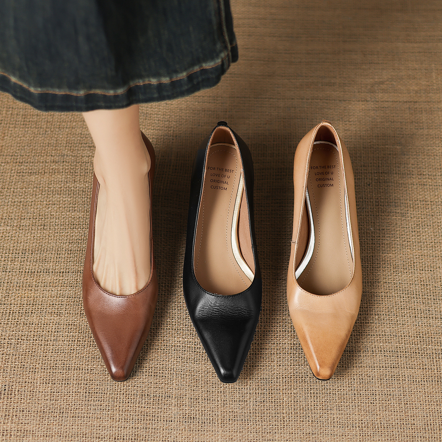 Giày cao gót nữ mũi nhọn da bò thật gót 6 cm — màu nâu