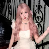 Розовый парик длинные волосы натуральный симулятор полный капюшон lolita длинные вьющиеся волосы большие волны моды сладкий парик