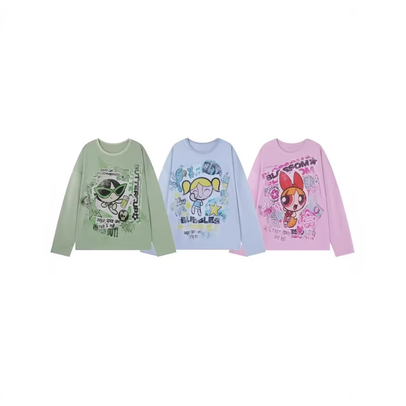 [Powerpuff Girls Collaboration] American-Style Cartoon Print Long-Sleeve T-Shirt for Women, Spring and Autumn Loose Casual Off-Shoulder Top