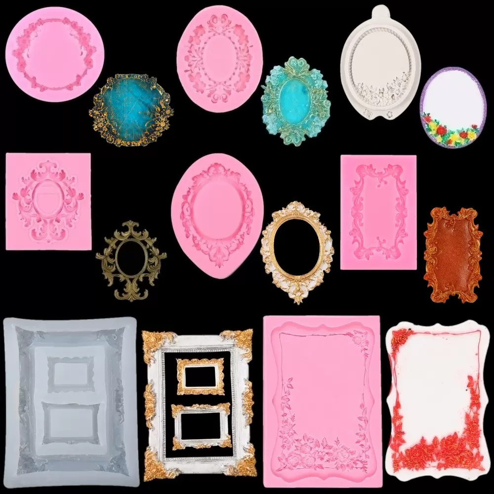 diy翻糖蛋糕烘焙模具 复古浮雕花纹相框圆形方形框架造型硅胶模具