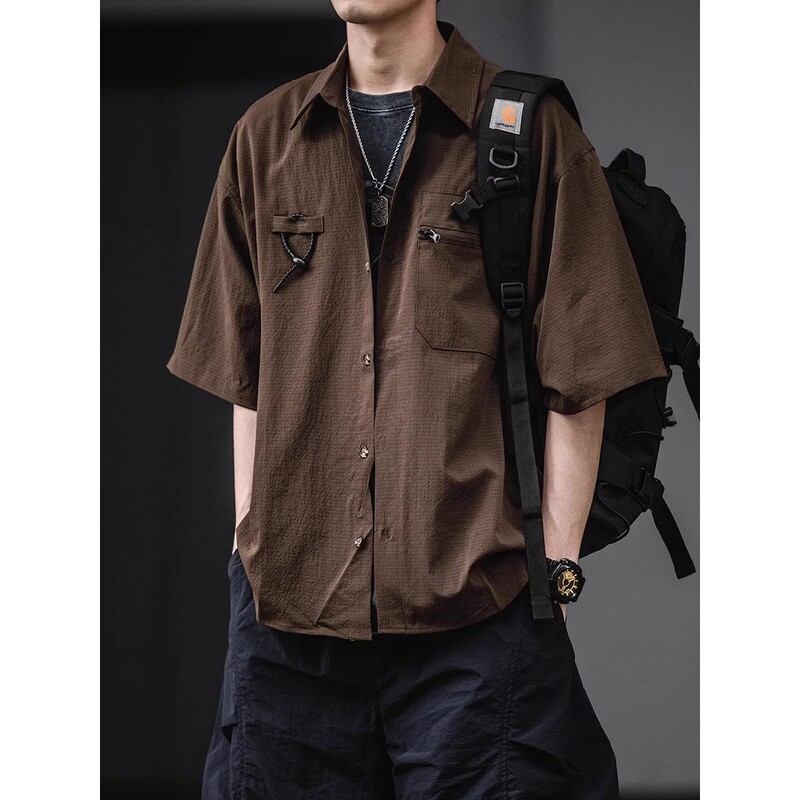 Japanese Retro Brown Short-Sleeved Shirt for Men, Summer Loose Casual Niche Design Thin Workwear Shirt Jacket