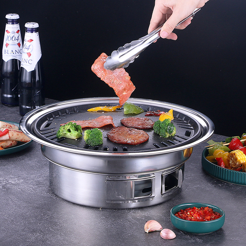 Korean-style stainless steel barbecue grill for home, commercial, outdoor wood charcoal grill, camping portable round cornstone barbecue grill