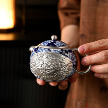 何赋森纯银壶龙凤西施壶手工浮雕青花茶壶鎏银功夫茶具家用泡茶壶