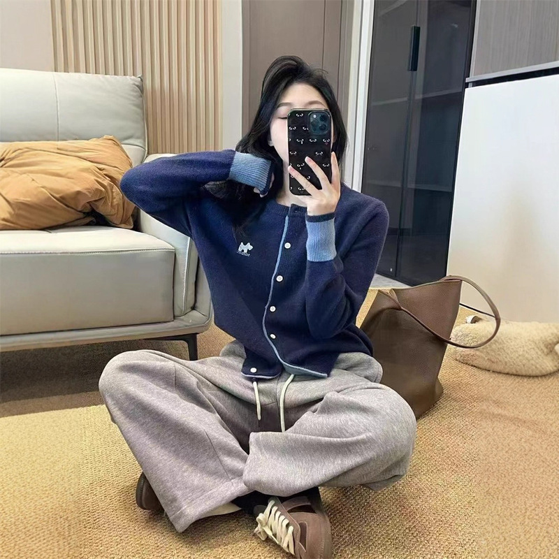 秋冬小狗刺绣针织开衫女撞色袖口拼接设计感春秋毛衣内搭上衣潮|undefined