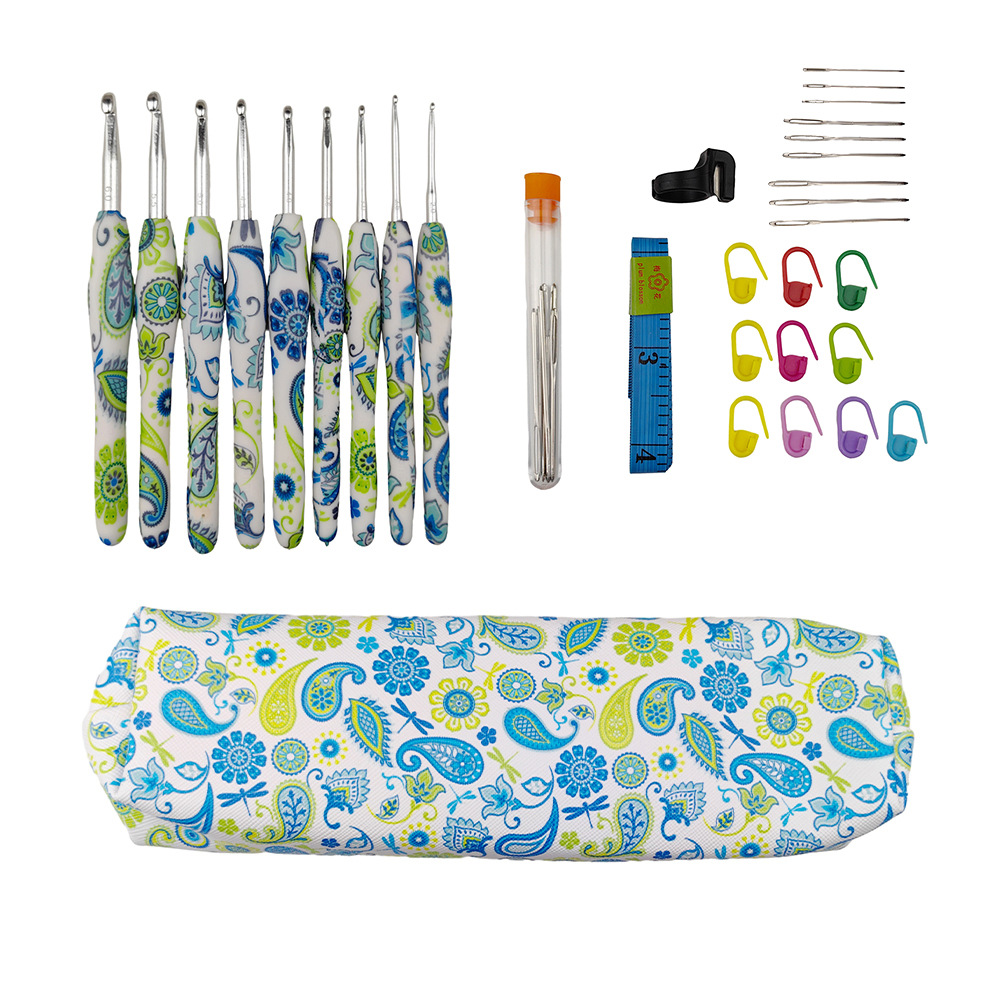 Herramientas de tejer transfronterizas TPR mango suave impresión crochet Flor de anacardo crochet conjunto de 9 piezas traje Pu bolsa