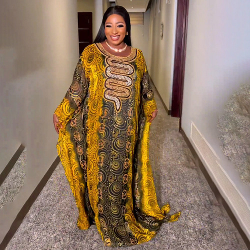  Ethnic Dress with Large Full Skirt, Chiffon, Ironed Pearls, Digital Printing, with Inner Skirts - Origin Source