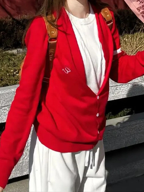 miu系千金风红色假两件针织开衫女春季新款毛衣外套修身慵懒上衣|undefined