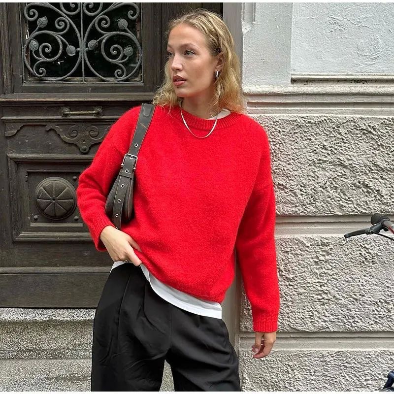 French red brand sez @ ane alpaca wool blended round neck pullover three-color air-sensitive loose sweater