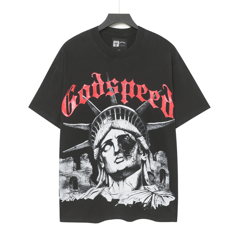 クロスボーダー 25ss アメリカのトレンディなブランド Godsed ロックバンドバスケットボール高品質ウォッシュブラック半袖 T シャツ男性と女性用|undefined