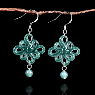 Natural A goods jade blue water Chinese knot earrings S925 silver set ice jade stone earrings antique earrings women's earrings