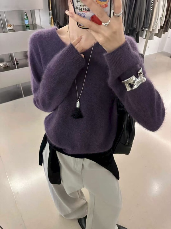 法式V领软糯山羊绒毛衣一秋季爆款95%羊毛绝美紫色针织衫女P5043|undefined