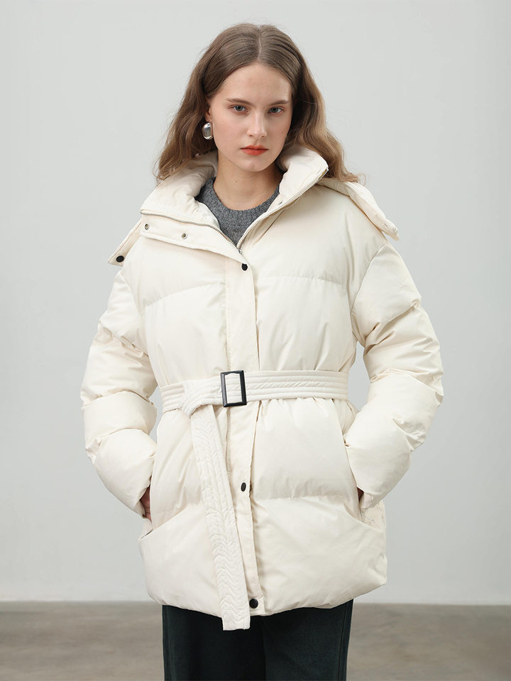 Áo khoác bông nữ có mũ, khóa kéo, thắt eo dáng ôm, dài trung bình, chất liệu polyester dày — màu nâu, màu đen, quả mơ chi tiết 55