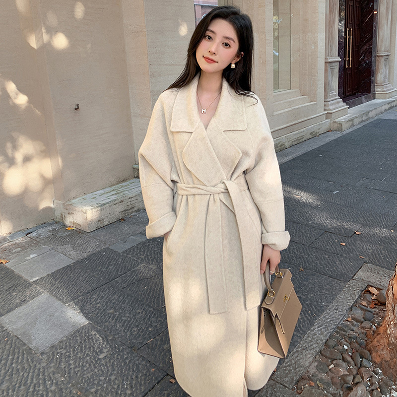 Large Lapel Autumn and Winter Slimming Double-sided Wool Alpaca Coat Women's Long Loose Lace-up Elegant Wool Coat Coat