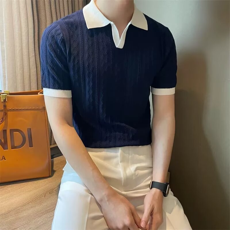 Herren Eis Seide Strickpolo Slim Fit Kurzarm Sommer Pullover_voghion.com