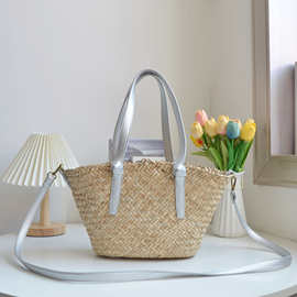 纯手工编织水草手提包斜跨包休闲百搭菜篮子包度假旅行拍照银色