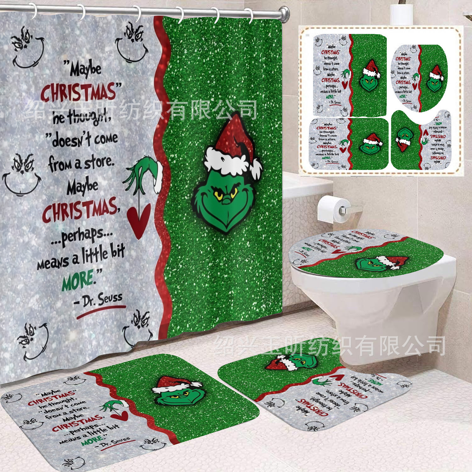 Tela de cortina de ducha transfronteriza, cortina de ducha impermeable, alfombra antideslizante de baño, juego de Grinch 4 de pelo verde al por mayor, sin perforación