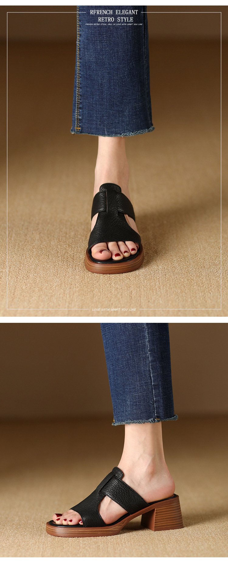 Dép sandal nữ đế dày gót vuông mũi hở 4.5 cm kiểu La Mã — đen chi tiết 9