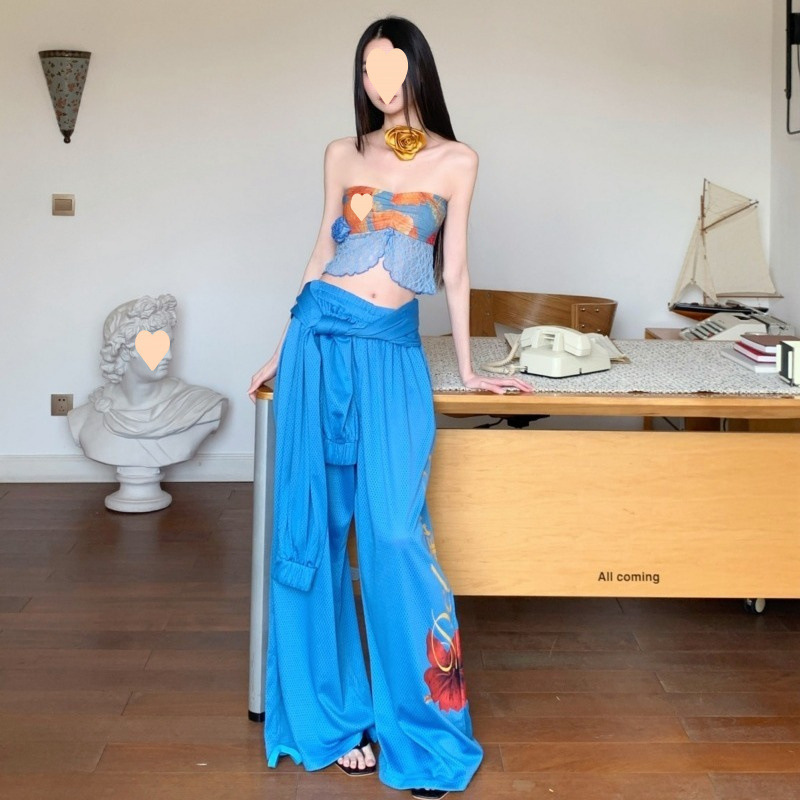 Midsummer Hot Beach Island Vacation Sexy Vest Fruit Print Slim Lace Hot Girl Tube Top + Wide Leg Pants