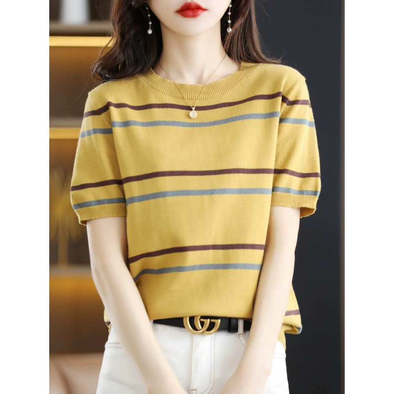 Женская трикотажная футболка в полоску с коротким рукавом, новая летняя модель 2025 года, с цветными блоками, круглым вырезом, короткий топ с рукавом до локтя