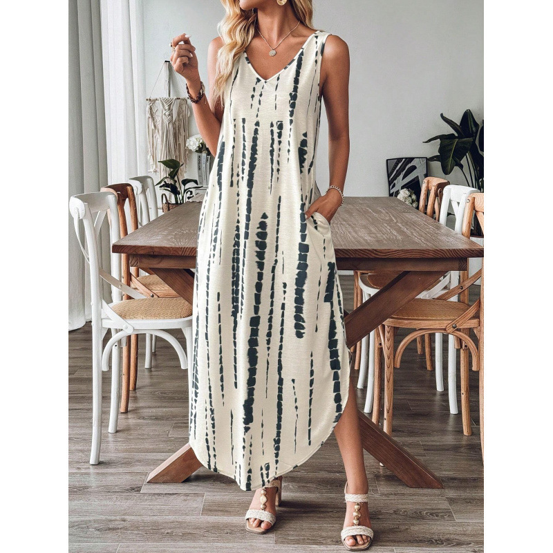 Real shot in stock foreign trade full body printing sleeveless V-neck split European and American dress Real shot in stock foreign trade full body printing sleeveless V-neck split European and American dress