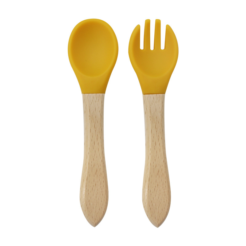 Bebé mango de madera tenedor cuchara traje de alimentación de los niños de madera mango tenedor cuchara conjunto cuchara de silicona tenedor bebé alimento suplemento tenedor cuchara traje image 18
