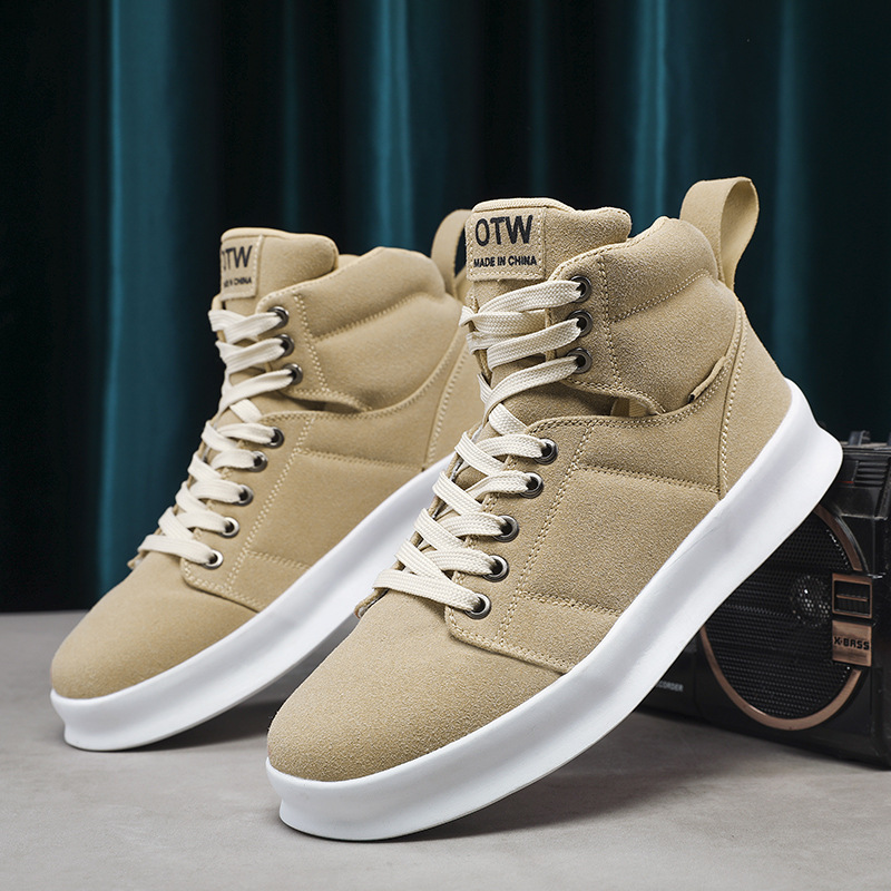 2025 Autumn New Men's Workwear Style Thick Sole Height-Increasing Student Sneakers Casual Green Canvas High-Top Shoes_voghion.com