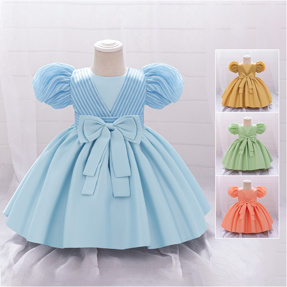 Nuevos vestidos de año nuevo para bebés y niños pequeños vestidos de fiesta de cumpleaños para niñas vestidos de lavado de satén vestidos de lazo en stock
