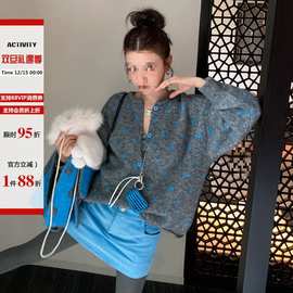 DUL好好 解构腿精/蓝色灯芯绒短裙子女冬超低腰百搭包臀半身裙