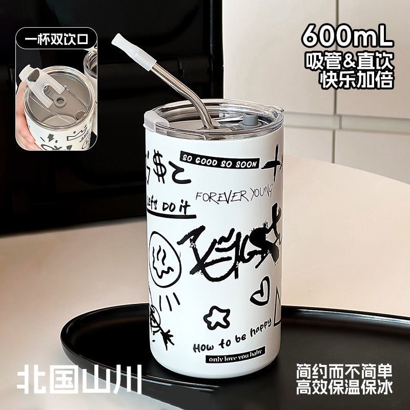 クリエイティブ落書きステンレスコーヒーカップ女子オフィスストローカップ高颜値保温カップ家庭用コップカップカップ|undefined