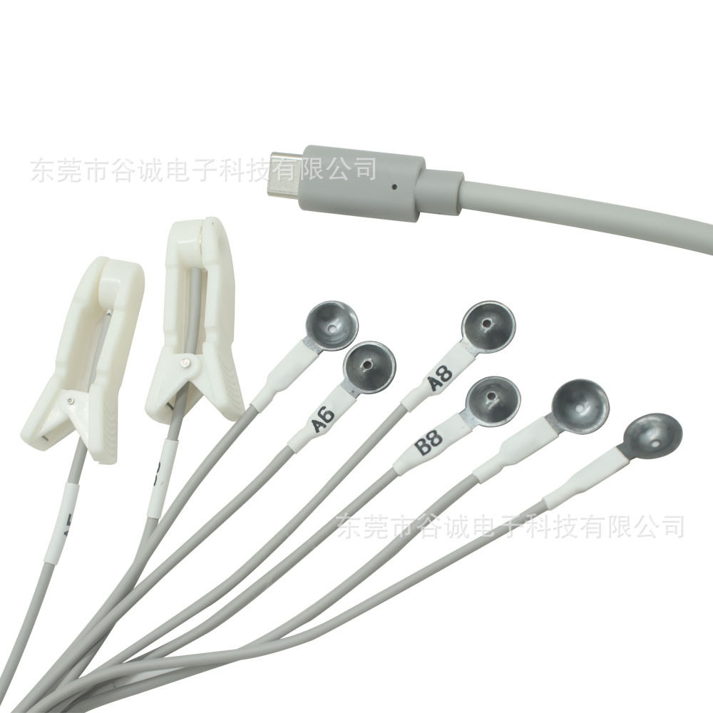 USB Type-C插头 氯化银脑电吸盘X6+金属耳夹X2 一拖八理疗导联线