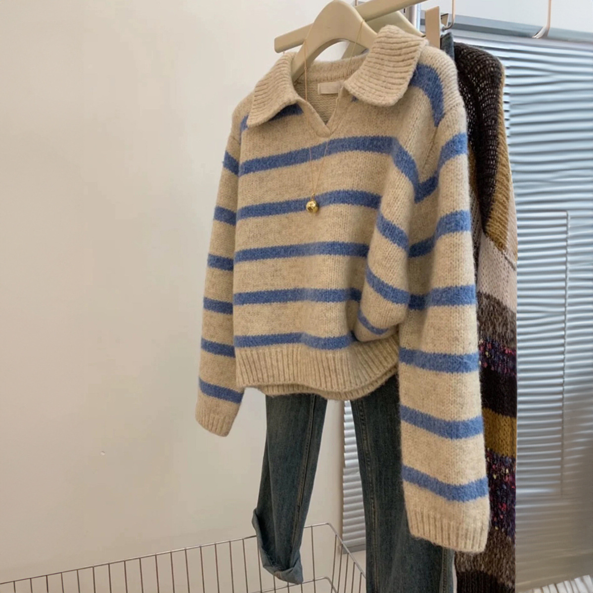 Kaikuo transfronterizo de moda europea y americana de lana de manga larga rayas polo suéter de cuello de mujer otoño y invierno 2025