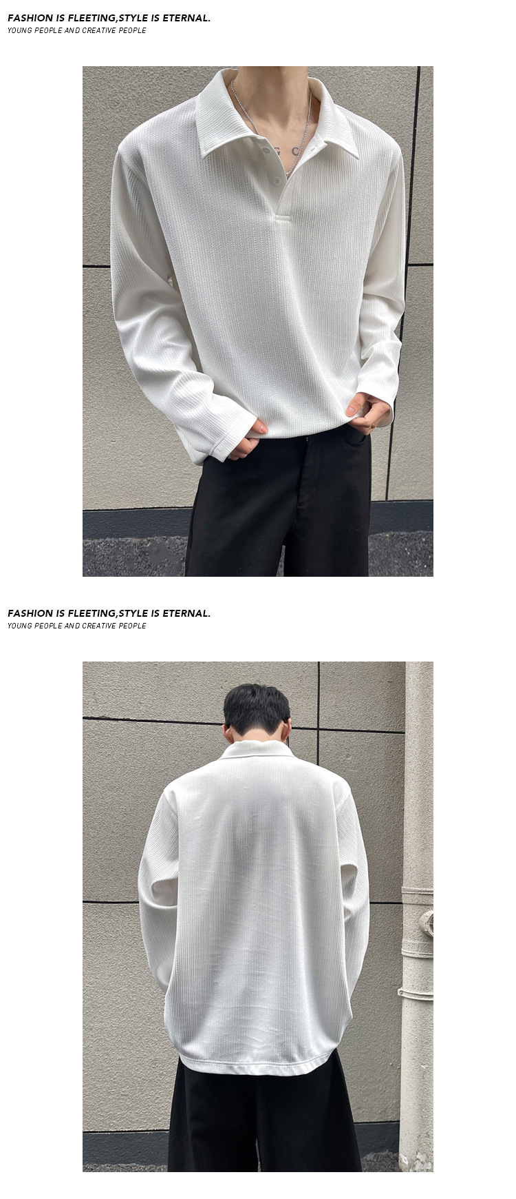 Men's Wrinkled Texture Long-sleeved Polo Shirt Solid Colour Base_voghion.com