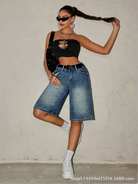 Amazon Tiktok Pinduoduo Foreign Trade Cross-Border European and American Tall Women's Vintage Washed Denim Shorts for Summer