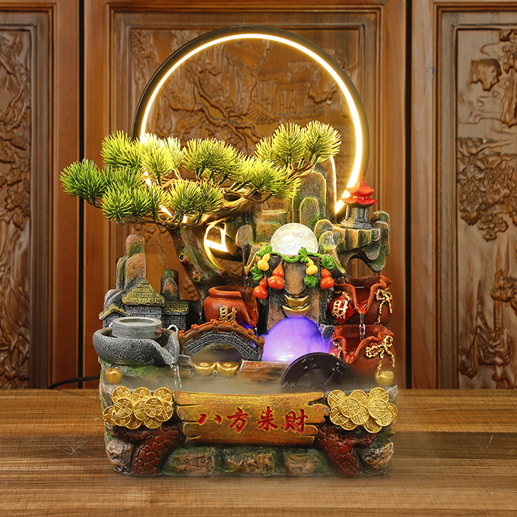 新中式桌面LED照明鱼缸 高山流水喷泉加湿器铜钱福袋摆件现货批发