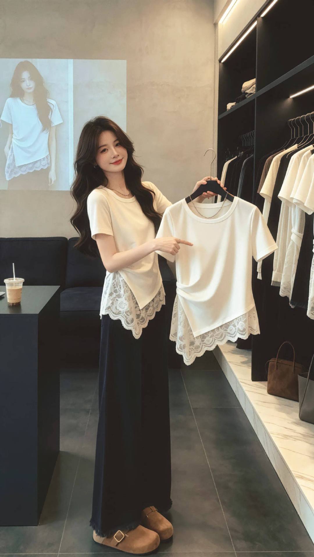 Áo thun nữ tay ngắn cổ tròn phối ren viền gấu bất đối xứng — màu đen chi tiết 5