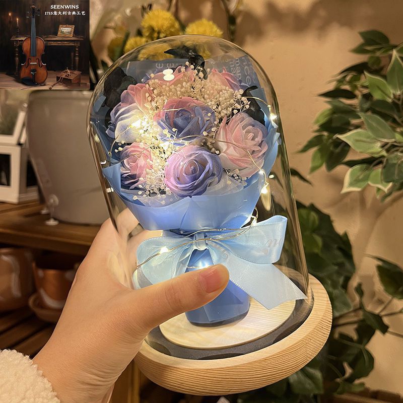 [인기 판매 추천] 아침과 저녁 - 미스트 블루 + 핑크 장미 7송이 - 선물 가방 + 축하 카드 + 배터리 [완제품 배송]