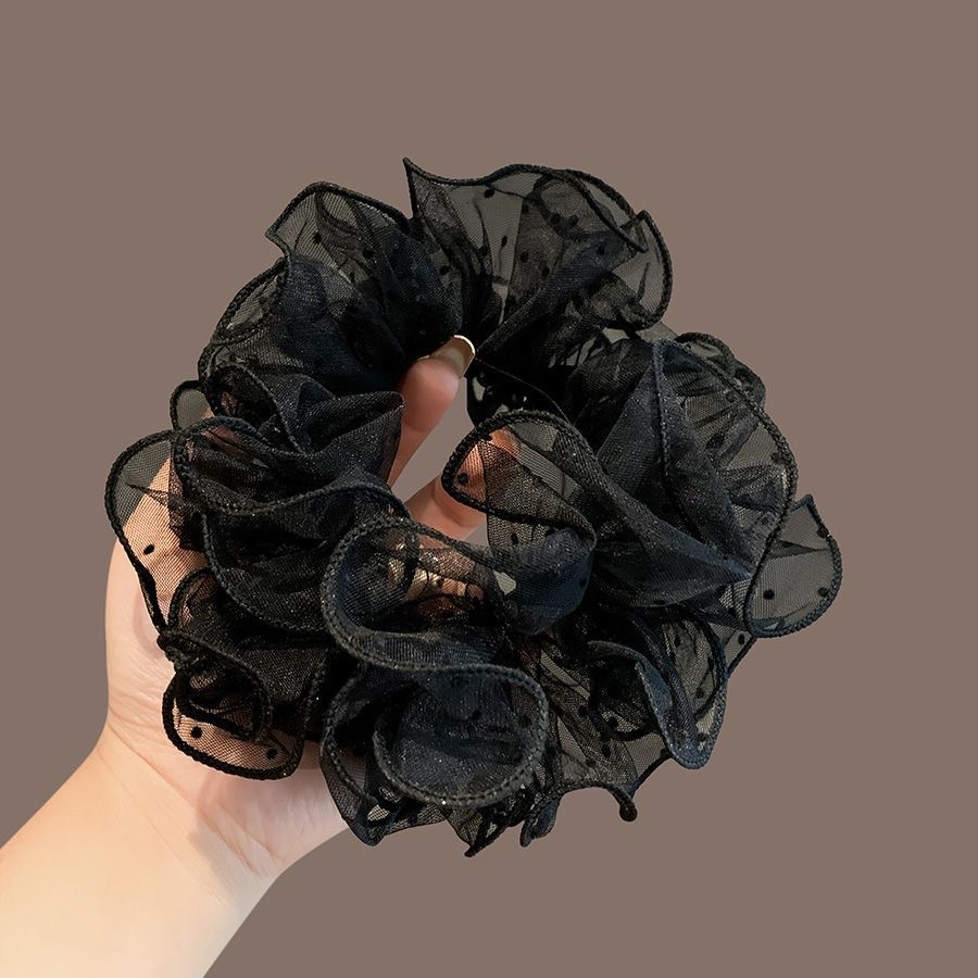 Elastico per capelli elegante con fiore, a pois in rete, stile coreano, con bordo a volant, di alta qualità, che dona volume e volume._voghion.com